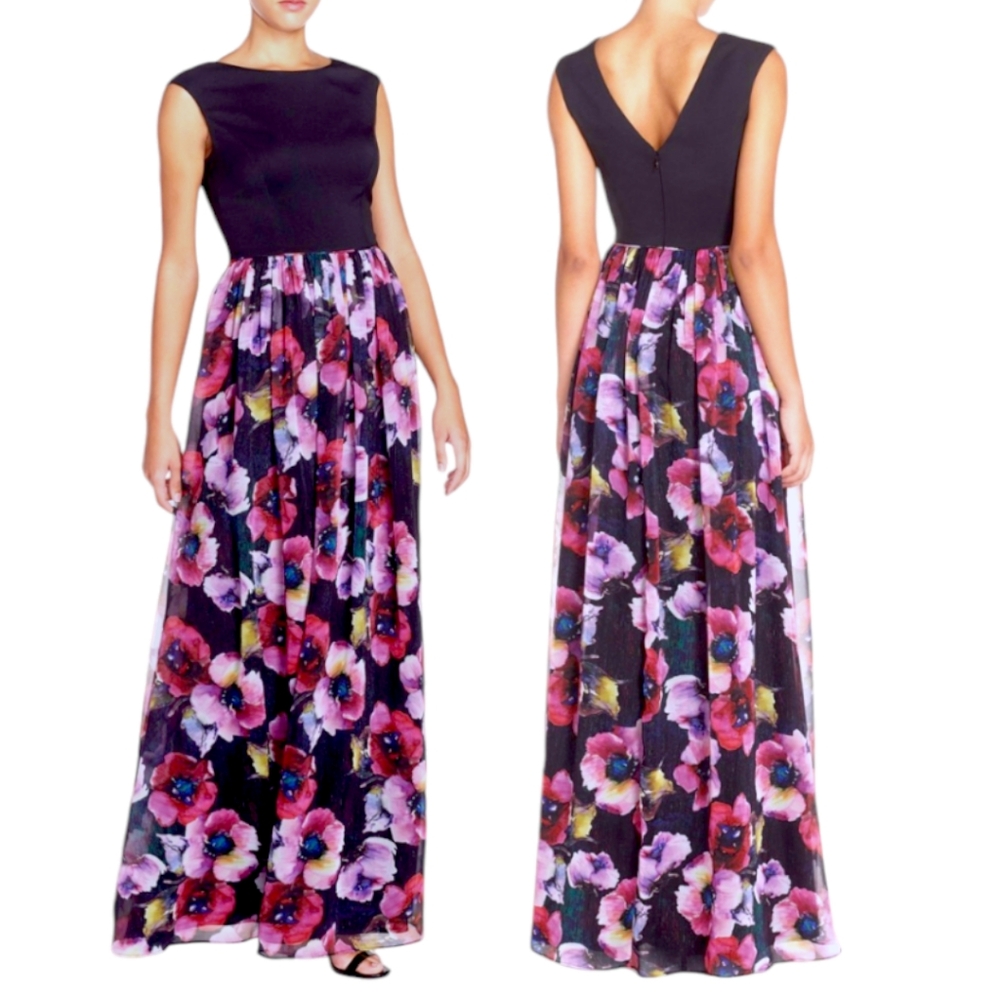 Aidan by Aidan Mattox Jersey & Floral Chiffon Ballgown Sz 2 Black Pink